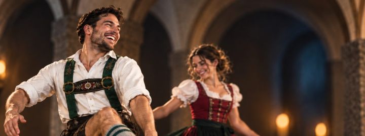 Tanzpaar in Tiroler Tracht beim Schuhplattln im Gewölbe – Tiroler Abend in der Ritterkuchl