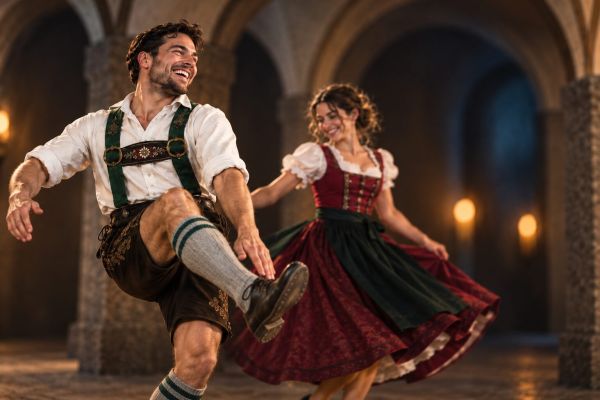Tanzpaar in Tiroler Tracht beim Schuhplattln im Gewölbe – Tiroler Abend in der Ritterkuchl