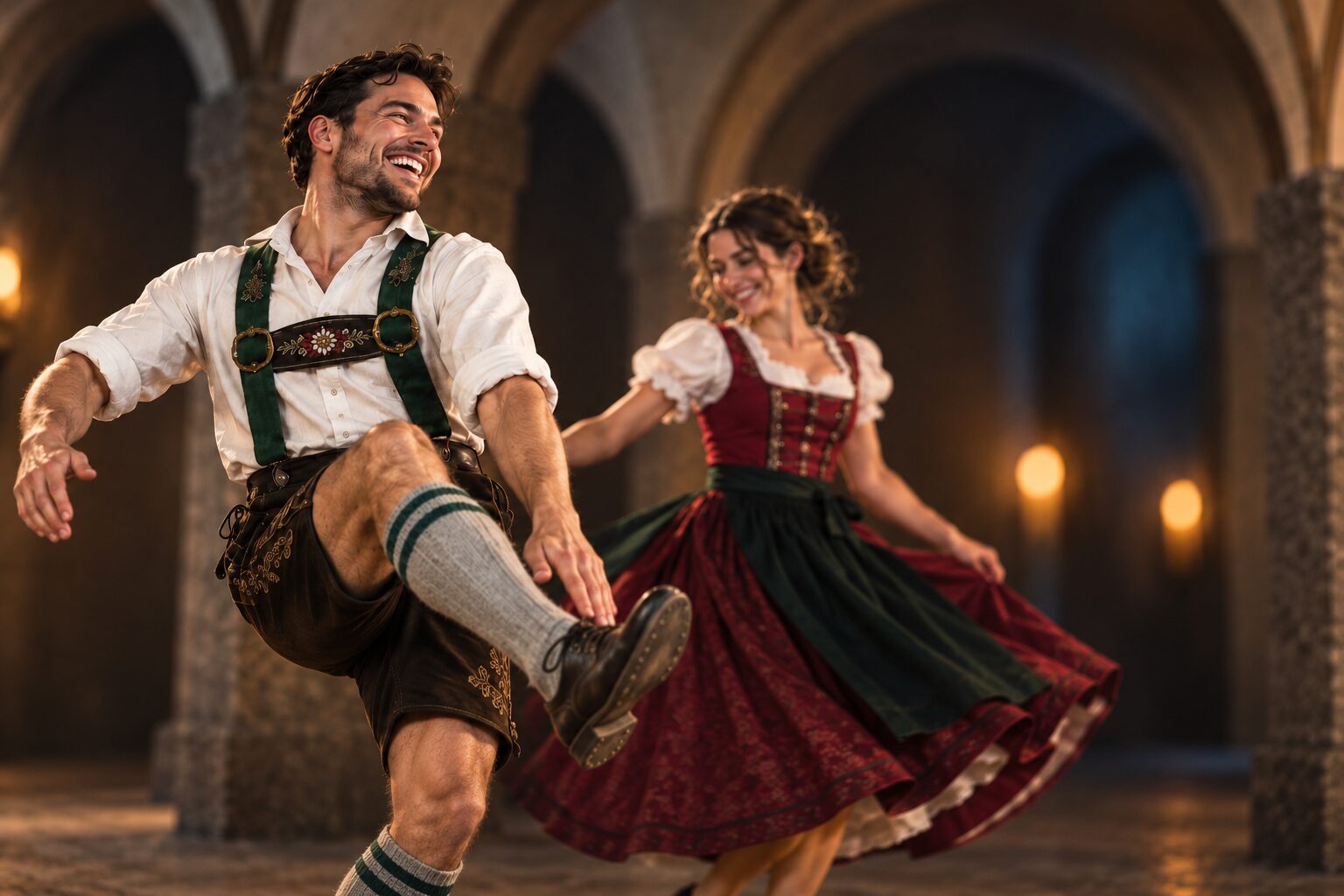 Tanzpaar in Tiroler Tracht beim Schuhplattln im Gewölbe – Tiroler Abend in der Ritterkuchl